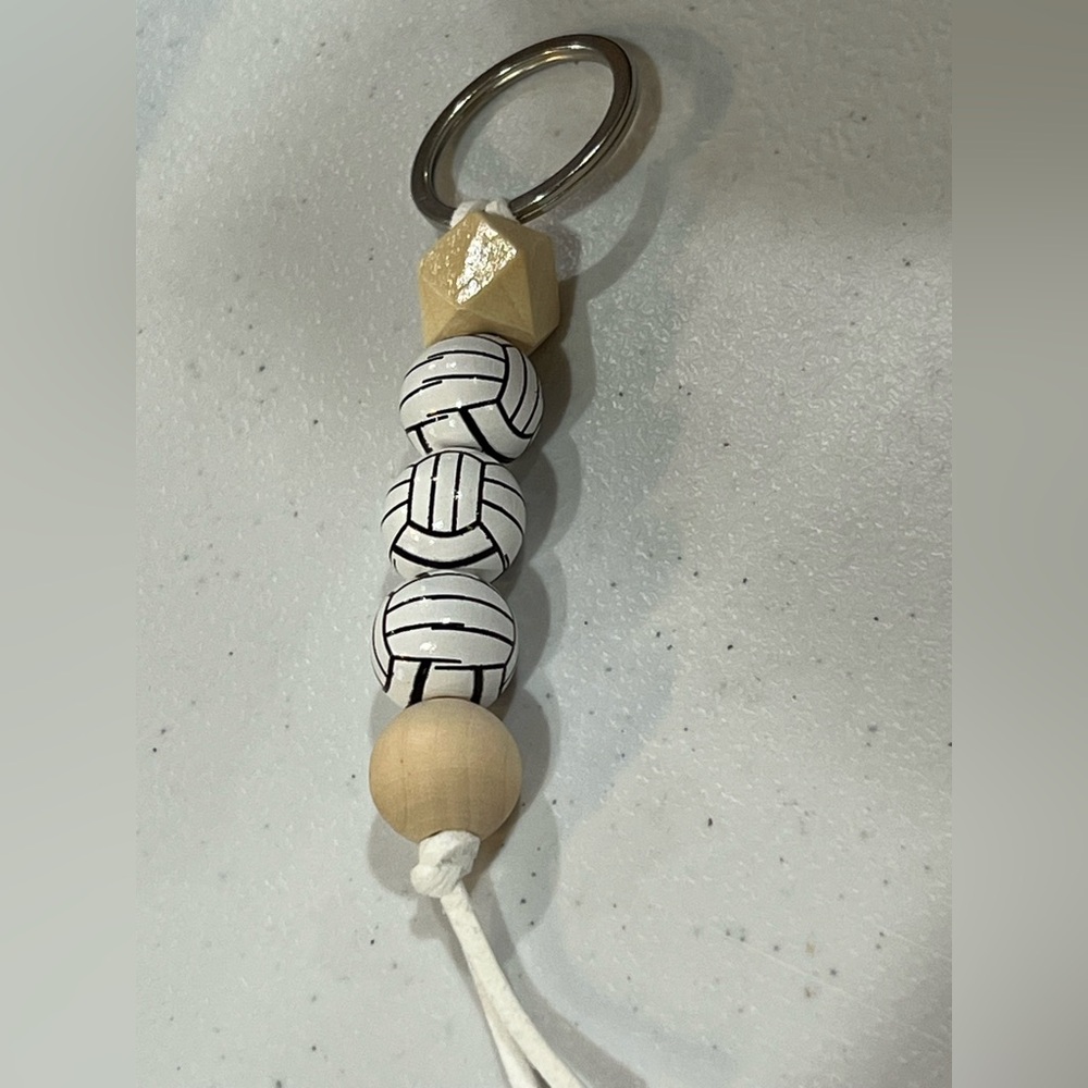 Wooden Bead Keychain with Volleyball Design